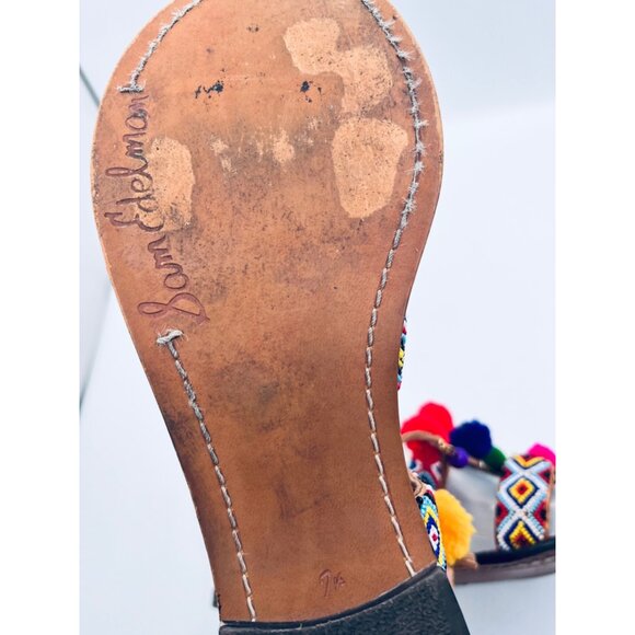 SIZE 7.5 Sam Edelman Lisabeth Beaded Charm Pom Boho Hippie Leather Sandals - Picture 10 of 12